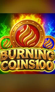 Burning Coins 100 game logo featuring three flaming gold coins with green, red, and blue fire on a dark background